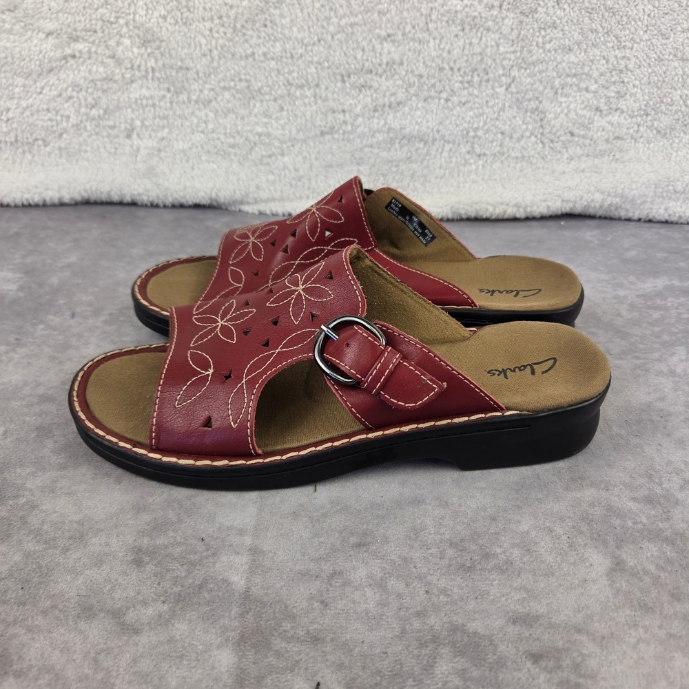 Clarks Red Leather Floral Cutout Buckle Slide Sandals 81719 Womens 9M